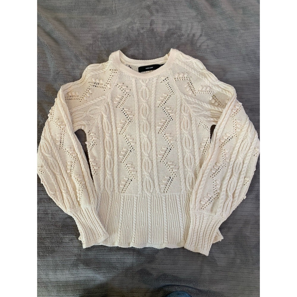 Vero Moda Knit Sweater S Cream Cable Bobble Flair Bottom White -Cream